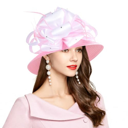 2026 Bucket Hats for Women Ladies Girls, Autumn Winter Fascinator Hat for Derby Kentucky Church Bridal UV Protection - color: A-4585b-pink/White