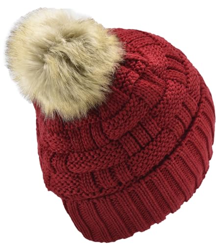 C.C Knit Beanie Hat – Fuzzy Fleece Lined Warm Winter Hat, Faux Fur Pom Soft Stretchy Slouchy Knit Cap, Cold Weather Beanie - color: Red