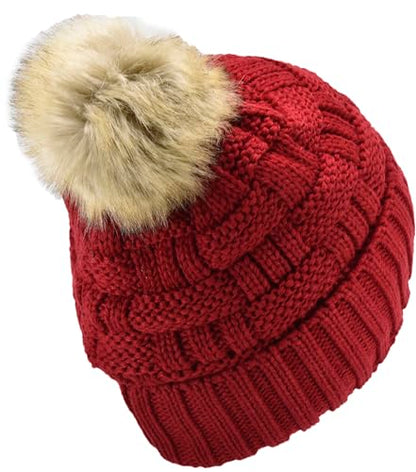 C.C Knit Beanie Hat – Fuzzy Fleece Lined Warm Winter Hat, Faux Fur Pom Soft Stretchy Slouchy Knit Cap, Cold Weather Beanie - color: Red