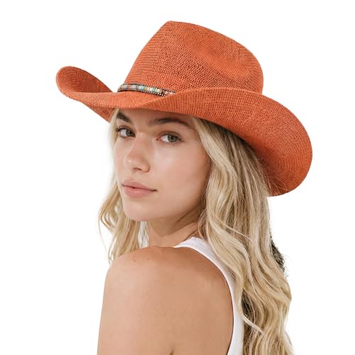 C.C Knitted Cowboy Hat for Women Lightweight Woven Western Hat with Multicolor Trim Band, Wide Brim Summer Sun Hat - color: Clay