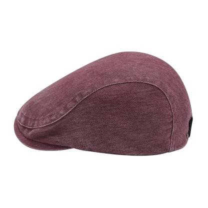 ZLYC Men Cotton Flat Cap Summer Scally Newsboy Beret Driver Hat - color: Washed Burgundy