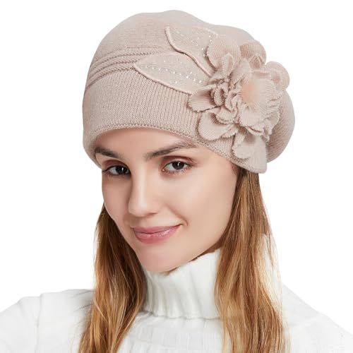 Flower Women Beret, Double Layer Thickened Winter Knitted Beanie Beret Hat, Stylish French Dress Beret Hats for Women - color: Khaki