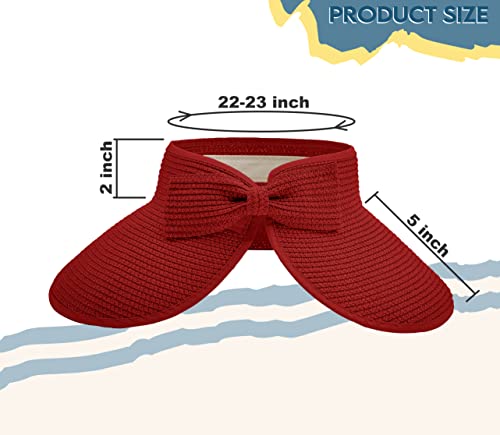 Straw Sun Visor for Women, Wide Brim UPF 50+ Protection Beach Hat, Adjustable, Roll Up Foldable Ponytail Cap with Chin Strap - color: Red