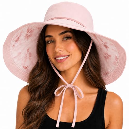 Wide Brim Sun Hats for Women UV Protection Reversible Bucket Hat Foldable Beach Hats Summer Hat for Garden Travel - color: Pink Tie-dye