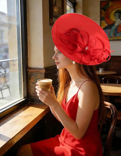 Unpifolov Fascinators Hats Elegant Women Flower Mesh Feathers Wedding Cocktail Bride Headband for Derby Hat Tea Party - color: Red