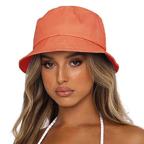 Bucket Hat for Women Men, Reversible Cotton Summer Sun Beach Cap Solid Color Style - color: A-orange