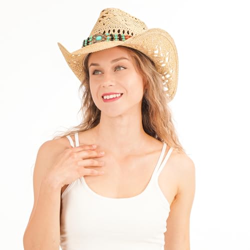 WQWOVRVO Cowboy Hat,Cowgirl Hat,Cowboy Hats for Women/Mens/Straw Wide with Shapeable Brim Western Cowboy Hat for Womens - color: Apricot Color