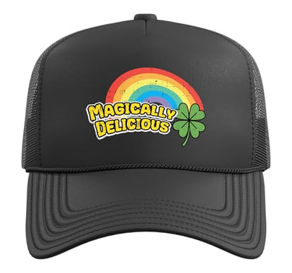 St Patricks Day Magically Delicious Saint Paddys Men Women Trucker Hat with Adjustable Mesh Back - color: Black