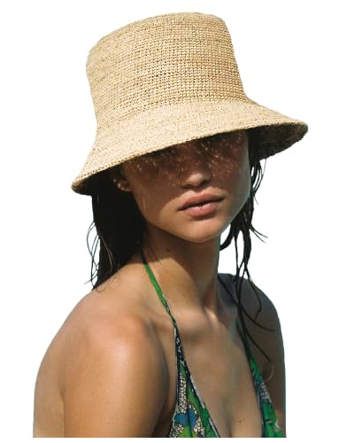 Women's Raffia Straw Bucket Hat Foldable Summer Sun Hat Handmade Woven Beach Hat Portable Travel Natural Straw Cap - color: Raffia Hat 7cm
