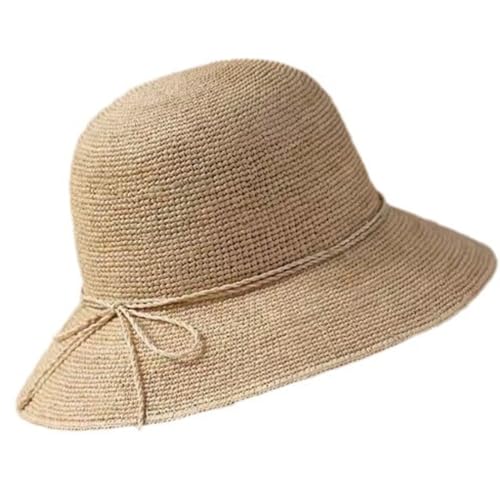 Straw Bucket Hats for Women Beach Sun Hat Foldable Packable Handmade Sun Protection Floppy Travel - color: Khaki-brim3.1"