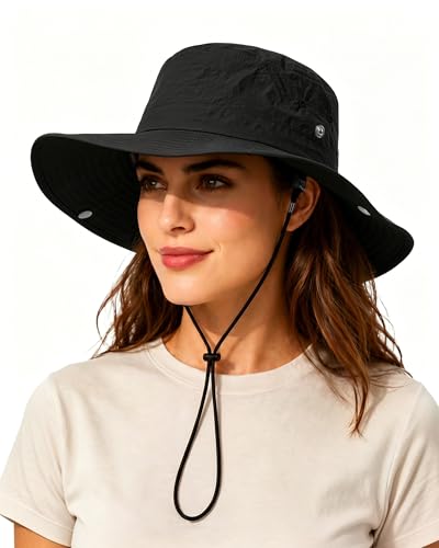 Wide Brim Waterproof Bucket Rain Hat for Women Men UPF50+ Cowboy Sun Hat - color: Black