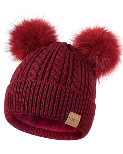 FISFET Beanies Women with Double Pom Pom, Winter Hats for Women Cold Weather Warm Knit Fleece Lined, Cute Beanie Cap - color: Burgundy
