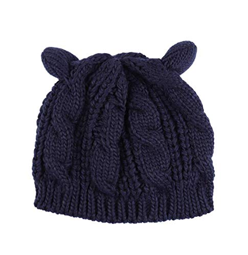 Women Winter Wool Baggy Beret Beanie Cute Devil Cat Ear Crochet Braided Knit Hat Ski Cap - color: Navy Blue