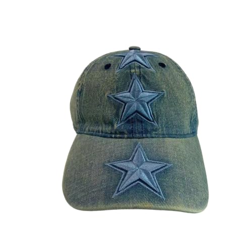 Unisex 3D Star Embroidered Washed Denim Baseball Cap Vintage Men Dad Hat - color: Blue