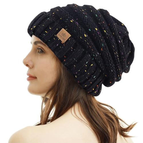 Womens Winter Beanie Warm Knit Hat Cable Stretch Trendy Ribbed Chunky Cap - color: Dot Black