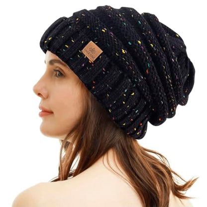 Womens Winter Beanie Warm Knit Hat Cable Stretch Trendy Ribbed Chunky Cap - color: Dot Black