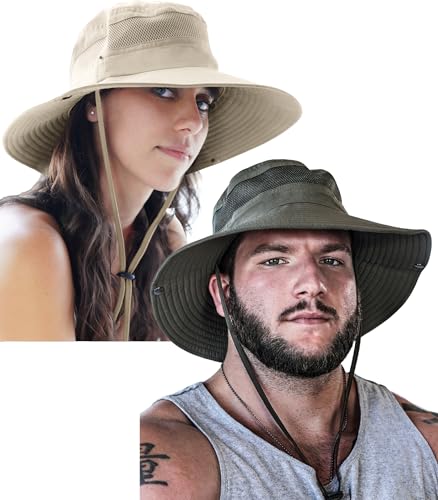 GearTOP Safari Hat for Men Sun Hats for Women UV Protection UPF 50+ Fishing, Gardening, Hiking Hat (22-23 1/2") - color: Beige & Army Green Standard 2 Pack