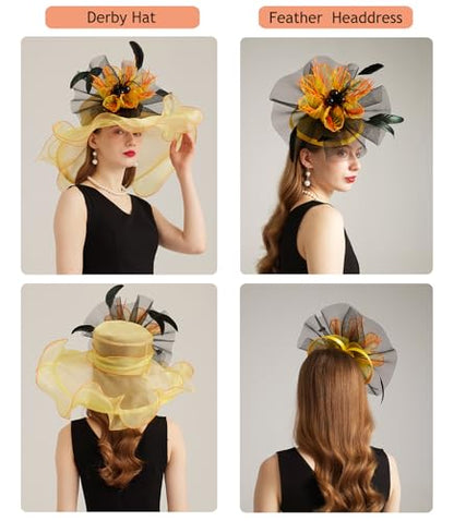 Women Derby Church Hat Organza Flower Wedding Tea Party Fascinator Wide Brim Sun Hat - color: 10-yellow Orange