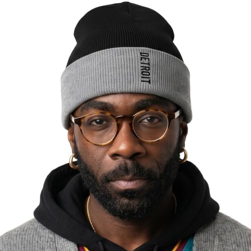 Daxton Vertical USA Cities Cuffed Beanie, Winter Knit Hat Skully Cap for Men Women, City Pride Daily Headwear - color: Detroit Black Grey Black