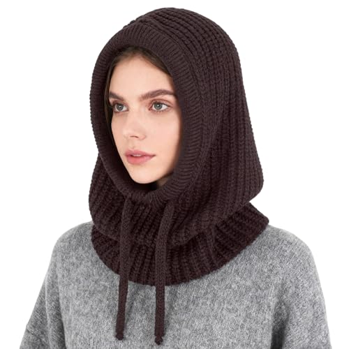 Connectyle Knit Hooded Scarf Hat Pullover Balaclava Beanie Skull Cap with Drawstring Neck Gaiter Hood Winter Hats for Women - color: Coffee
