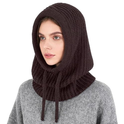Connectyle Knit Hooded Scarf Hat Pullover Balaclava Beanie Skull Cap with Drawstring Neck Gaiter Hood Winter Hats for Women - color: Coffee