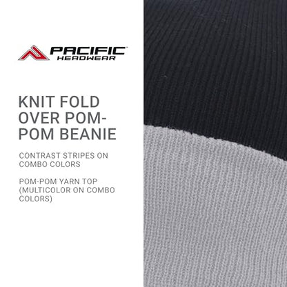 Pacific Headwear Unisex Adult Pacific Headwear Knit Fold Over Pom-pom Beanie - color: Black/Graphite/White, size: One Size