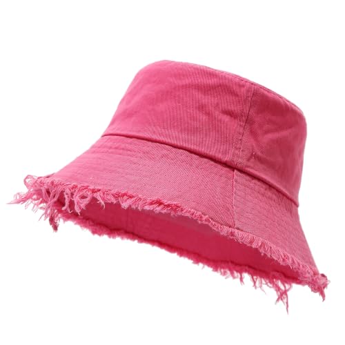 Quanhaigou Frayed Unisex Sun Hats, Fashion Beach Bucket Hat for Men Women,Summer Outdoor Boy's Girls Boonie Cap - color: Vintage Rose Red