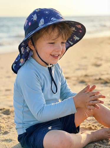 icolor Kids Sun Hat UPF50+ Sun Protection Bucket Hat Toddler Summer Beach Play Hats with Neck Flap for Girl Boy Ages 3~10 - color: Animal Space Adventure