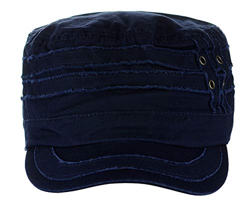 D&Y Unisex 100% Cotton Military Cadet Hat - Distressed Frayed Flat Top Cap - Adjustable Everyday Patrol Hat - color: Navy