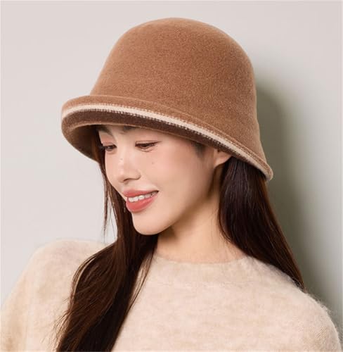 Women Warm Vintage Bucket Hats Fashion Fedora Cloche Cap Classic Felt Bowler Hat Outdoor Fall Winter - color: Camel