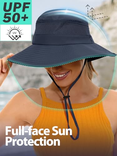 EW East Water Sun Beach Hat for Women, UPF50+ Waterproof with Ponytail Hole - color: Navy Blue