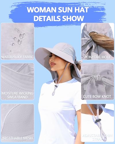 Womens Sun Hat Outdoor UV Protection Wide Brim Fishing Hat with Ponytail Hole Neck Flap for Beach Hiking Camping - color: Sun Hat-light Gray