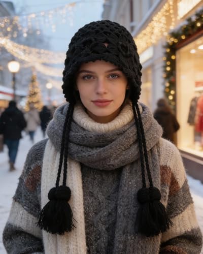MINGSEECESS Women Girls Knitted Beanie Hat Crochet Braided Knit Warmer Cap Skiing Snowboarding Ear Flap Hats - color: Knitted-black