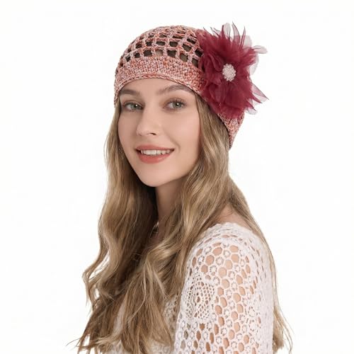 ZLYC Women Crochet Beanie Hat Summer Handmade Knit Decorated Skull Cap - color: Floral Orange