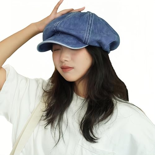 Women's Washed Denim Newsboy Cap Fashion Vintage 8 Panels Visor Beret Girls Octagonal Cap Painter Hat