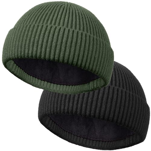 ROYBENS Short Wool Fisherman Beanie for Men Women Knit Fleece Lined Beanies - color: 2pcs-black+army Green
