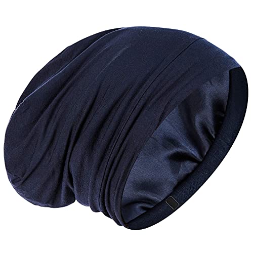 Silk Satin Lined Bonnet Sleep Cap - Adjustable Stay on All Night Hair Wrap Cover Slouchy Beanie for Curly Hair Protection for Women and Men - Solid Navy - color: Solid Navy, size: One Size