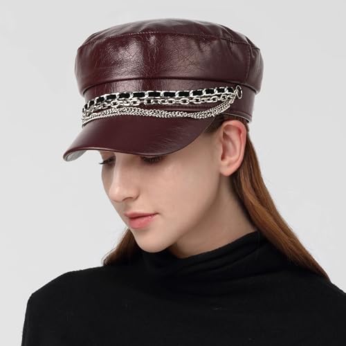 Women Metal Chain Flat Top PU Leather Newsboy Paperboy Hat Painter Cap - color: Chains Brown Red