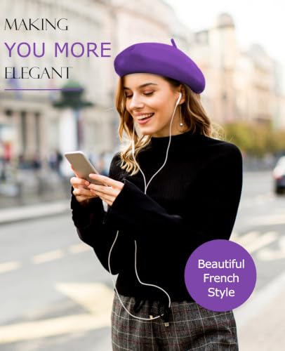 French Beret Hats for Women - Soft Warm Wool Solid Color Beanie Winter Cap - color: Purple