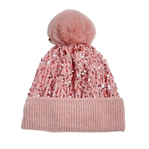 Women Girls Winter Sequin Beanie Hat with Faux Fur Pom Pom Knit Skull Cap - color: Knit-pink