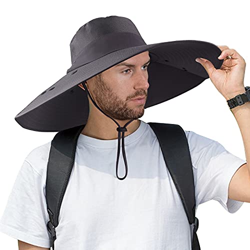 Super Wide Brim Fishing Hat UPF 50+ Sun Safari Hat with Removable Neck Face Flap - color: Dark Grey