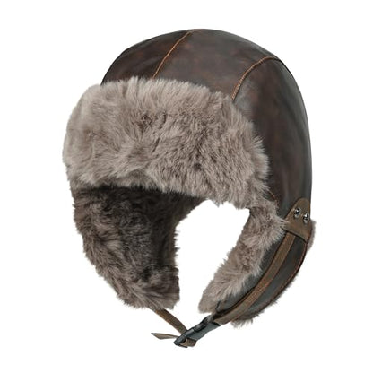 Croogo Eskimo Hat Russian Ushanka Trooper Hat Leather Trapper Aviator Hats Fur Lined Earflap Winter Cap Snow Ski Hats - color: Pl2508-brown