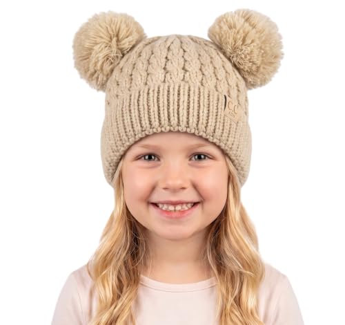 C.C Kids' Cable Knit Double Pom Beanie for Kids - Comfortable Soft Warm Children Skully Hat with Pom - color: Yarn Pom Beige