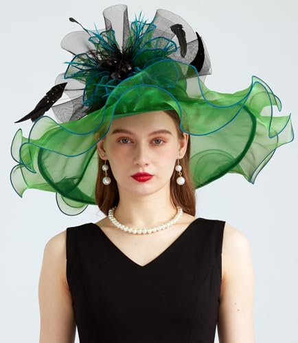 Women Organza Derby Hat Fascinator Tea Party Wedding Church Derby Hat Fascinator Hats Dual-use - color: 02b Dark Green