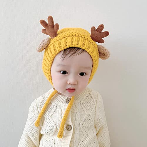 AIBEARTY Cute Deer Elk Antlers Baby Hat Winter Warm Plush Knitted Ear Warmer Bonnet Boys Girls Cap Beanie with Chin Strap - color: Yellow