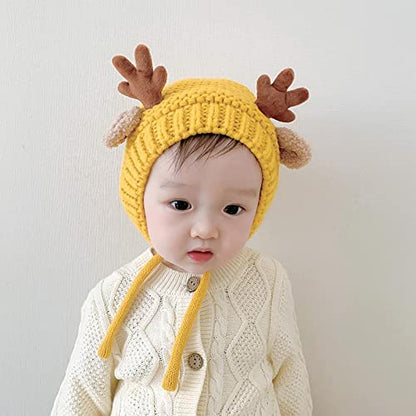 AIBEARTY Cute Deer Elk Antlers Baby Hat Winter Warm Plush Knitted Ear Warmer Bonnet Boys Girls Cap Beanie with Chin Strap - color: Yellow