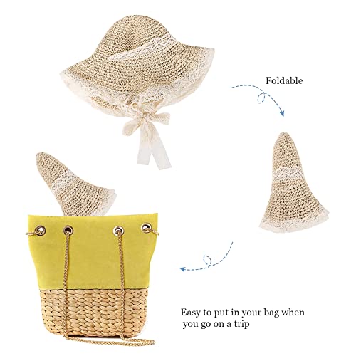 Women Wide Brim Straw Sun Hat Floppy Beach Cap UV Protection Crochet Bucket Hat Packable Summer Travel Hat with Lace Brim - color: Beige