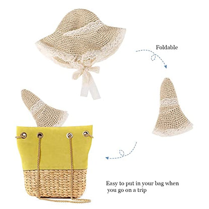 Women Wide Brim Straw Sun Hat Floppy Beach Cap UV Protection Crochet Bucket Hat Packable Summer Travel Hat with Lace Brim - color: Beige