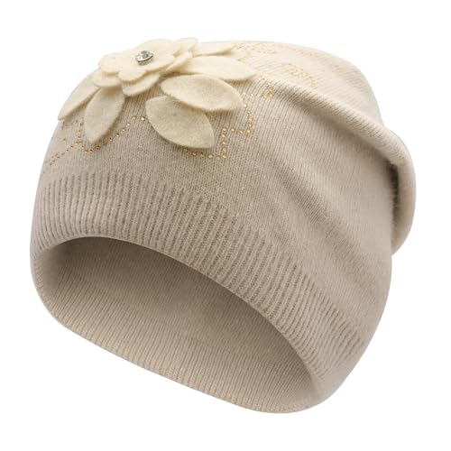 ZLYC Women Floral Slouchy Beanie Hat Double Layer Winter Knit Skull Cap - color: Flower Beige