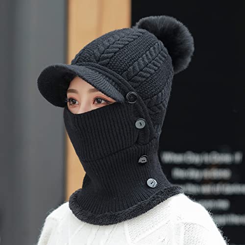 HUAMULAN Women Cable Knit Balaclavas Winter Fleece Lined Beanie Hat - color: Black With Pompom